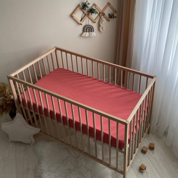 Husa saltea patuț bebe copii din muselină 120 x 60 cm, teracota (5)